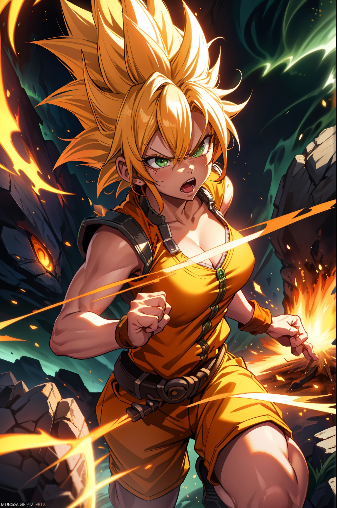 16k resolution image, Unreal Engine 5, Mortal Kombat style, Dragon Ball style, full body image of a woman doing hybrid Scorpion/Goku/Samus Aran cosplay, as a super saiyan, wearing an all-black futuristic Ninja outfit with yellow parts, with ninja mask on her face, looking at the viewer with angry eyes, Holding ninja weapons, emanating aura of fire around the body furiously, on a battlefield of a bloodthirsty ancient time, with zombies trying to catch you.