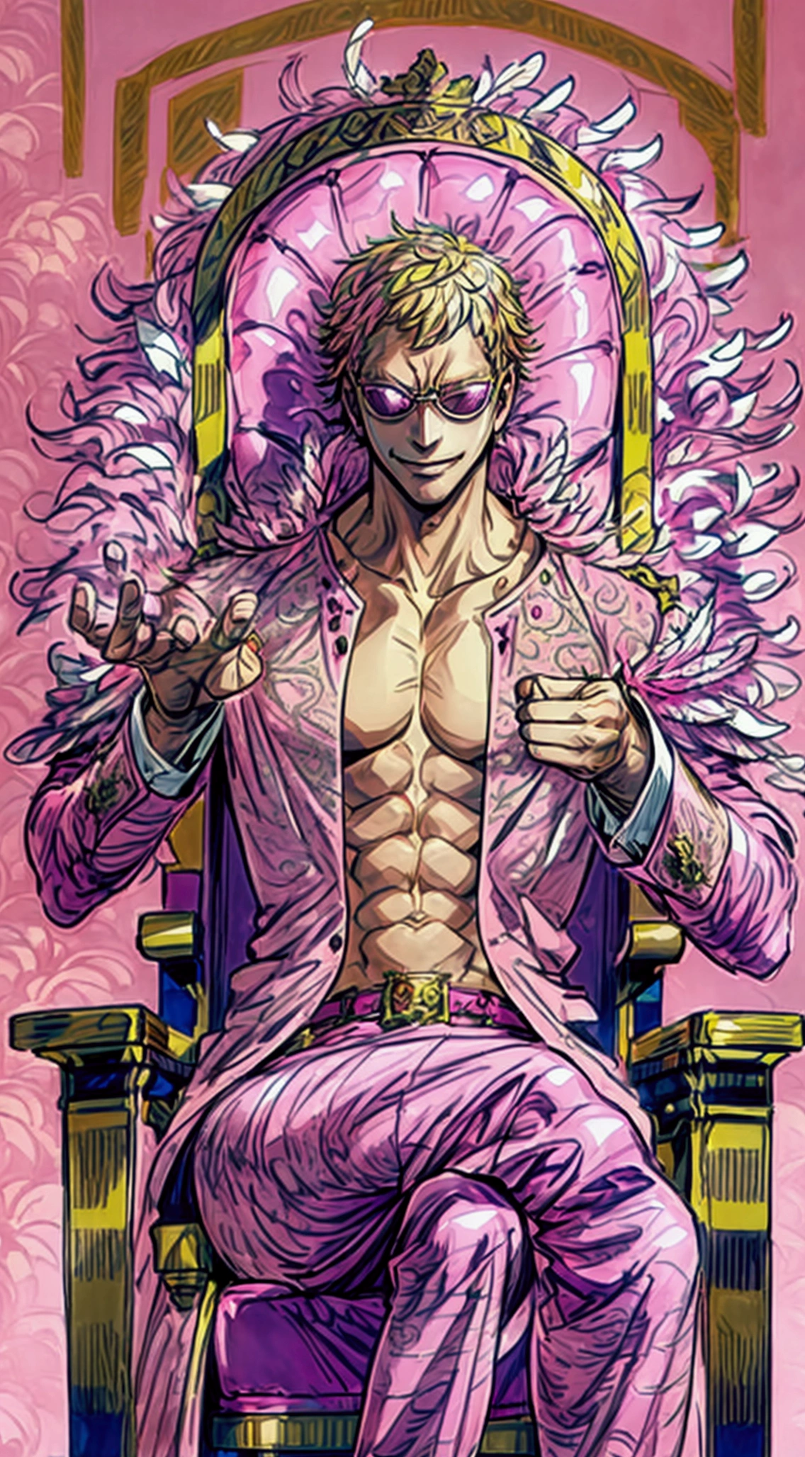 masterpiece, ((ultra detailed background, delicate pattern, intricate detail)), (highly detailed, fine details), best quality, beautiful lighting, (portrait), doflamingo, 1guy, solo, Short Hair, blonde hair, ((guy, Muscular, sitting on throne)). evil smile, ((Pink button up shirt, large pink feather coat, fuzzy coat)), complex detailed background, outside, Colosseum environment, evil sky, sky, clouds, 