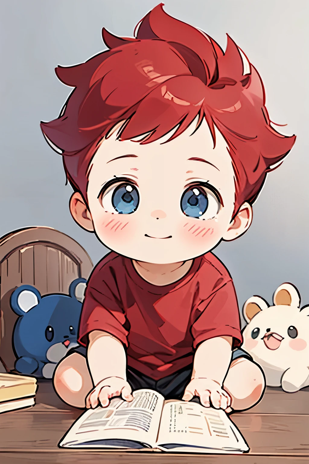 (high-quality, breathtaking),(expressive eyes, perfect face) portrait, Symmetrical Eyes, 1boy, solo, 1 month old, red hair, blue coloured eyes, medium hair, spiked hair, fluffy hair, baby face, grey background, wooden floorboard, stone wall background, detailed eyes, sitting in a pile of blankets, red shirt, black shorts, frog plush, cute smile
