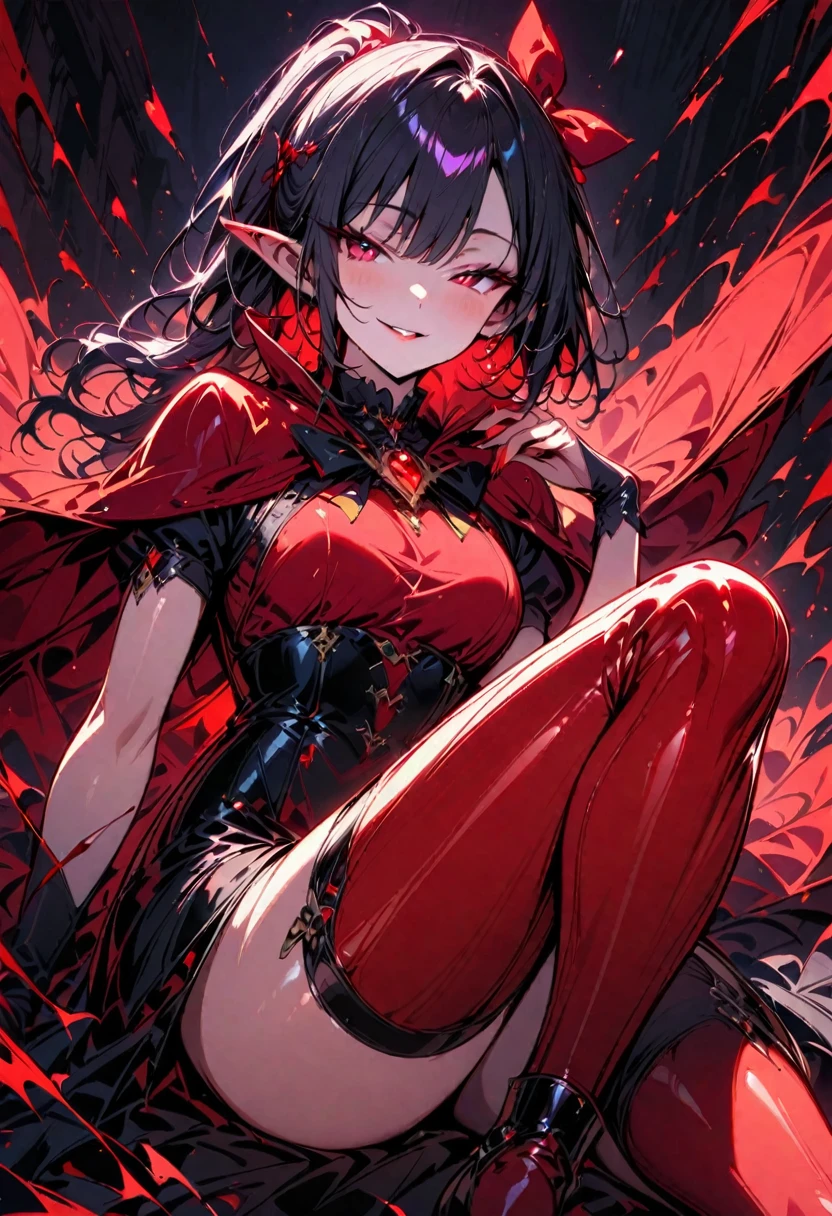 1人の可愛いvampireの少女,(Best Quality,Extremely detailed depiction,Incredible high resolution,Anatomically accurate,High quality anime drawings),(vampire,Black short dress,Elegant appearance,A red ribbon in her hair,Shiny red gemstone brooch,Red Cape,Red high boots),(Black Hair,Short Ponytail,Red eyes,Eyes half closed,A fearless smile:1.3,Pointy Ears,eyelash,Beautiful legs,),Full body image:1.2