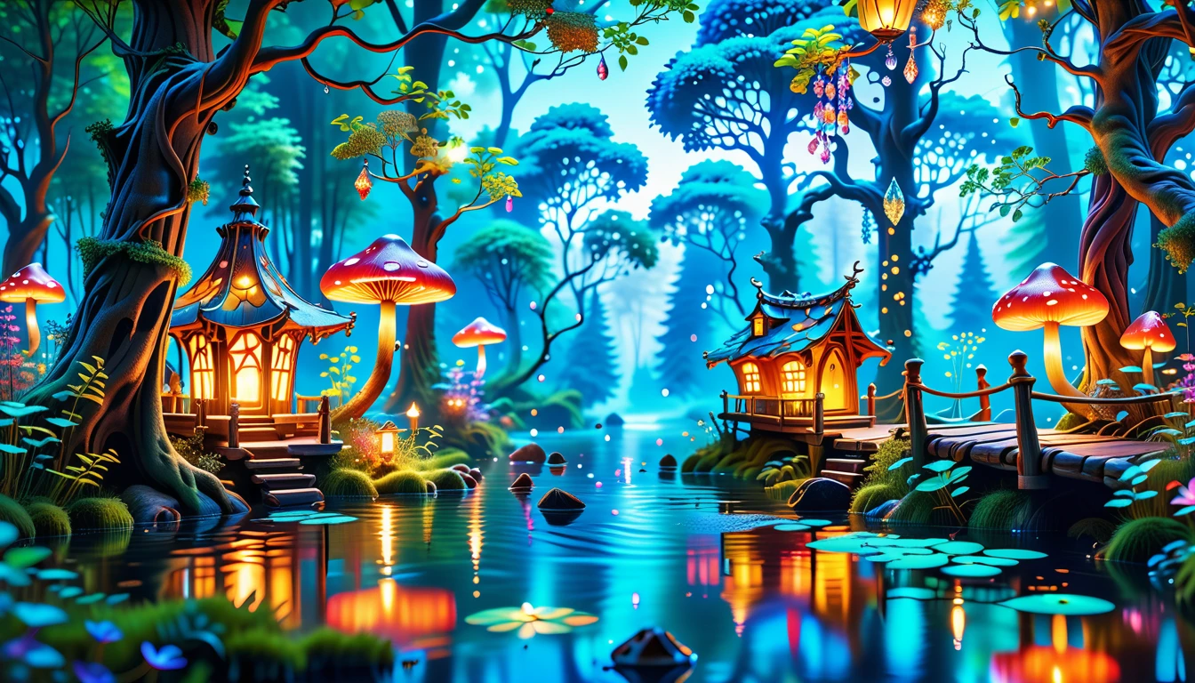 A Masterpiece In 32K Resolution, Supreme Quality, Super Detail, Official Art, Very High-Resolution 32K Wallpaper. Mystical And Whimsical, Ultra-Detailed Features. Enchanted Woods Come Alive With Bioluminescent Mushrooms And Ethereal Creatures That Flutter Through The Dense, Glowing Trees. A Crystal-Clear River Winds Through The Forest, With Floating Lanterns Guiding The Way. At The Heart Of The Forest Lies An Enchanted Fae Village, Where Glowing Cottages Blend Seamlessly With Nature.