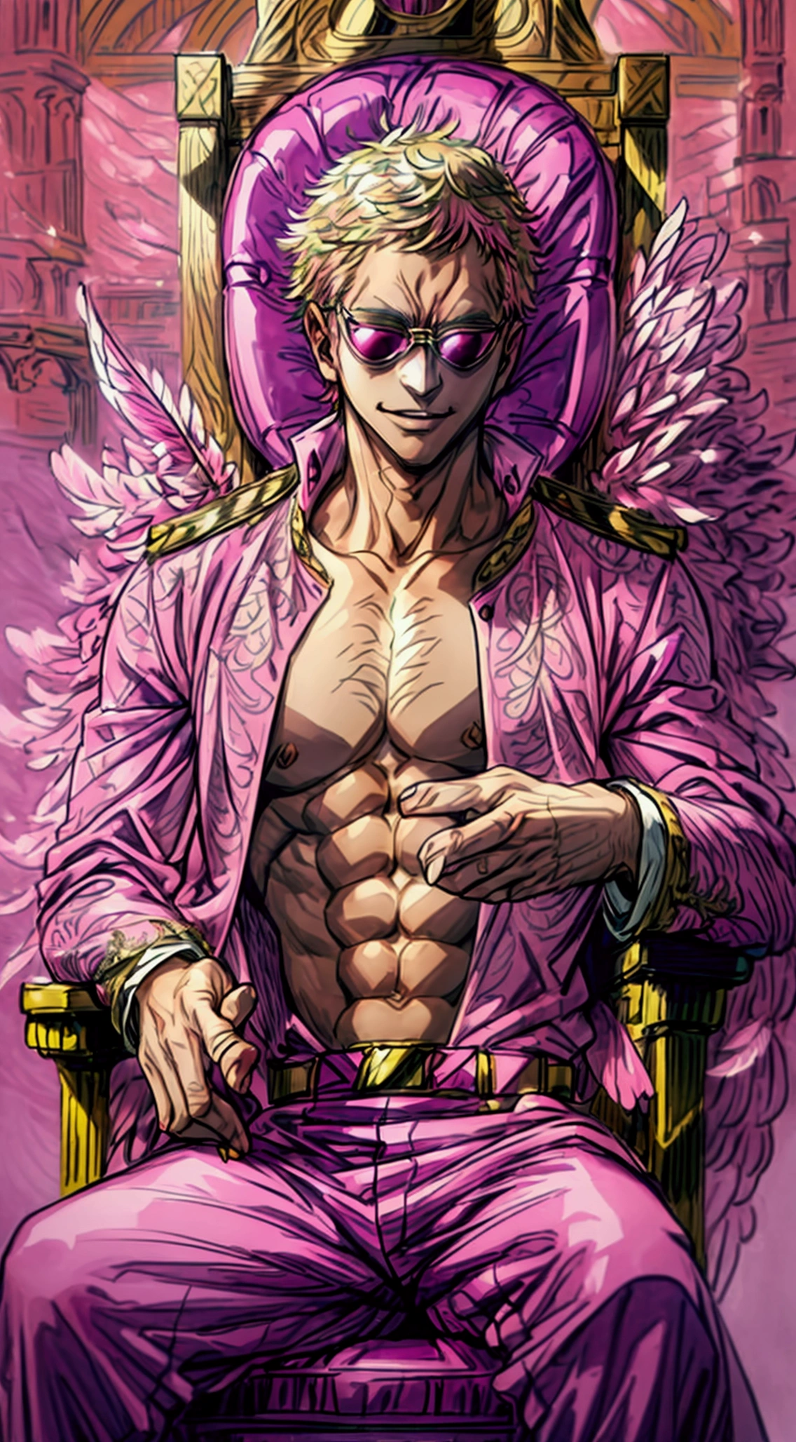 masterpiece, ((ultra detailed background, delicate pattern, intricate detail)), (highly detailed, fine details), best quality, beautiful lighting, (portrait), doflamingo, 1guy, solo, Short Hair, blonde hair, ((guy, Muscular, sitting on throne)). evil smile, ((Pink button up shirt, large pink feather coat, fuzzy coat)), complex detailed background, outside, Colosseum environment, evil sky, sky, clouds, 