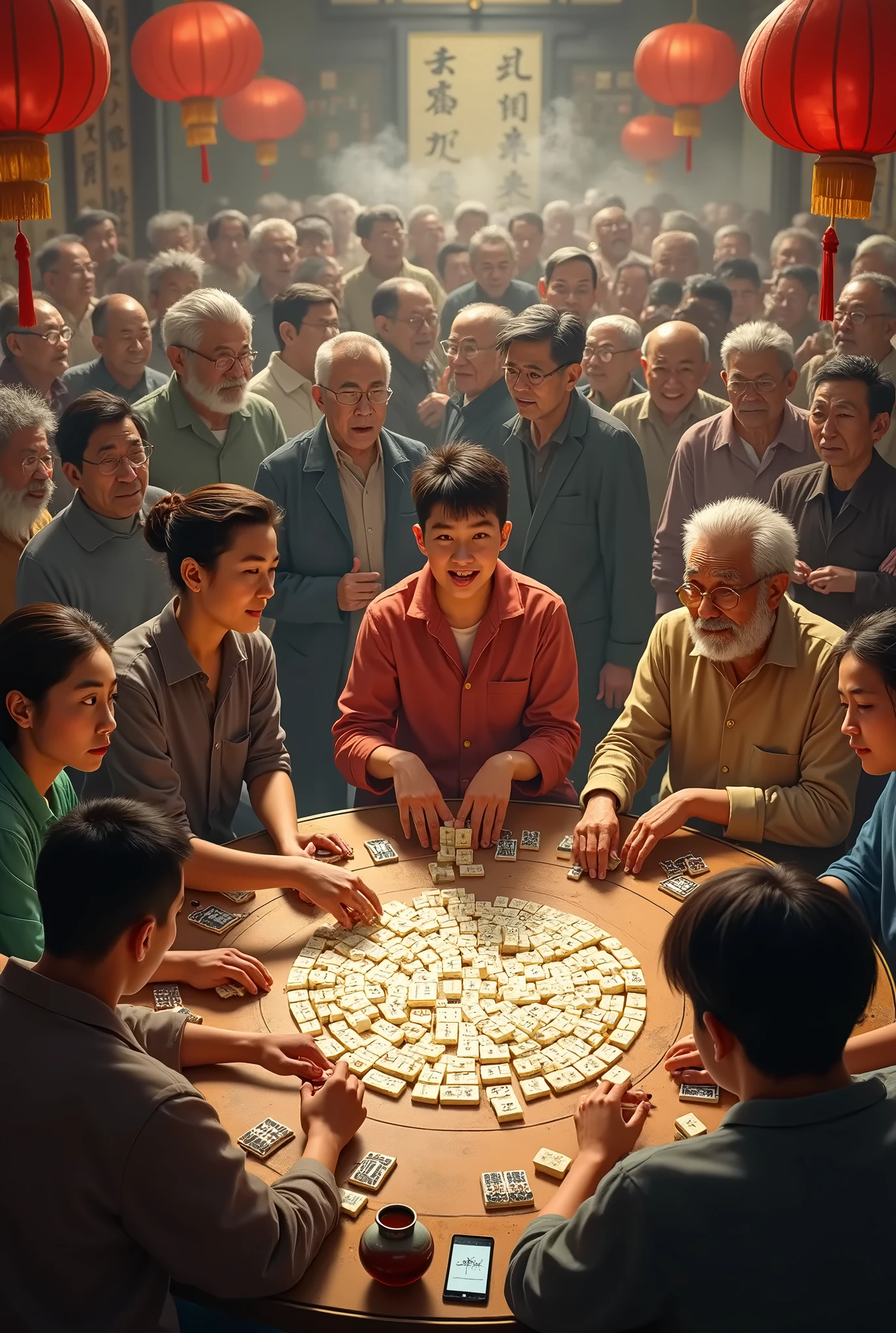Under the autumn sun，Osmanthus flowers are fragrant，Four old men leisurely playing mahjong in the garden，Celebrate the Chung Yeung Festival together。