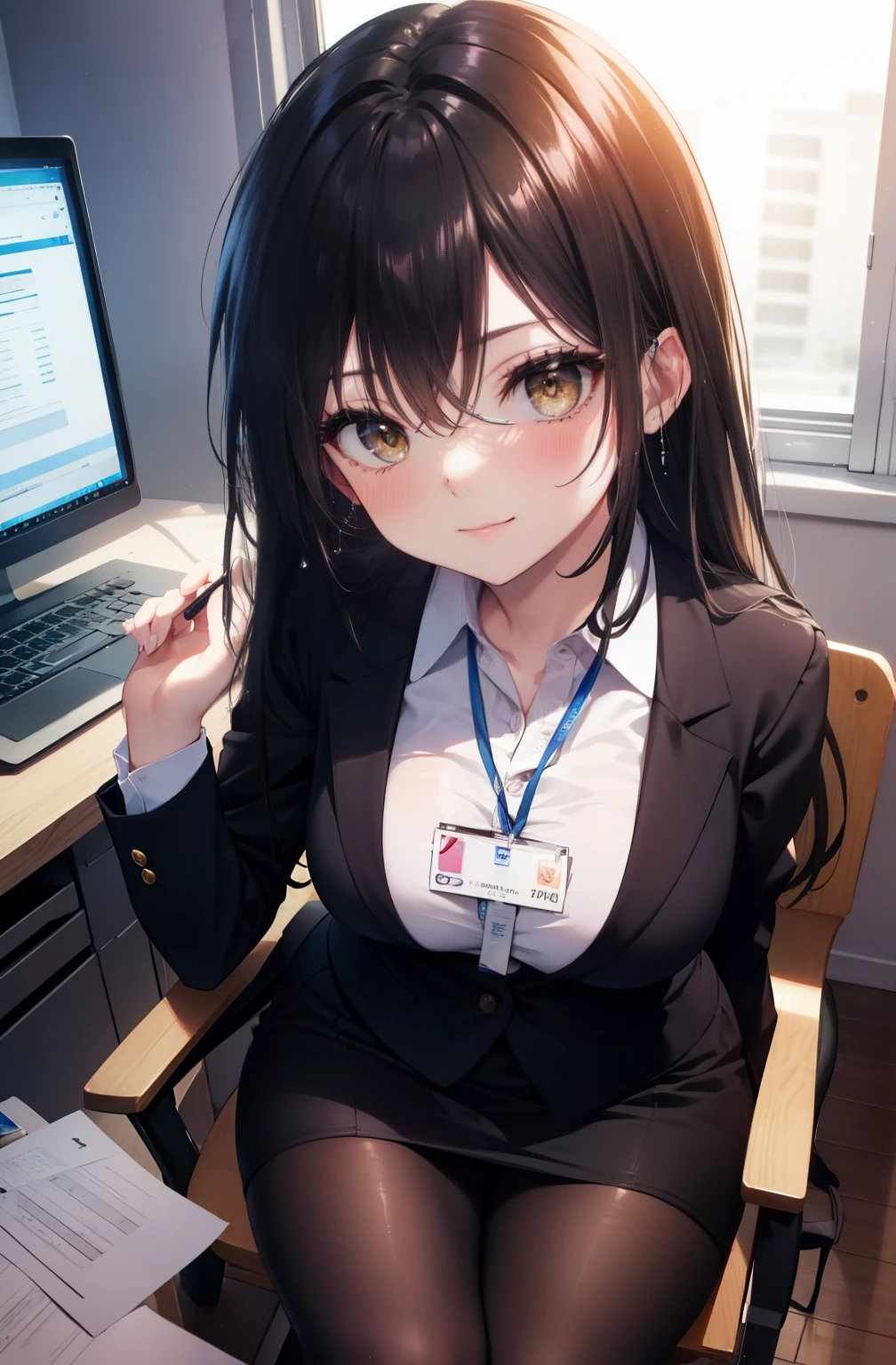 kotegawayui, Yui Kotegawa, black hair, (brown eyes:1.5), smile,blush,ponytail,long hair, OL, Black Abyss glasses, end, black suit jacket, collared jacket, white dress shirt, collared shirt, neckline, button, strap, ID card on neck, black pencil skirt, black pantyhose, smile, blush, looking at the viewer, Charm, Mechanical,on your computer,sitting in a chair, interior,ブラインドタッチ
break looking at viewer,
break indoors, office,
break (masterpiece:1.2), highest quality, High resolution, unity 8k wallpaper, (figure:0.8), (detailed and beautiful eyes:1.6), highly detailed face, perfect lighting, Very detailed CG, (perfect hands, perfect anatomy),