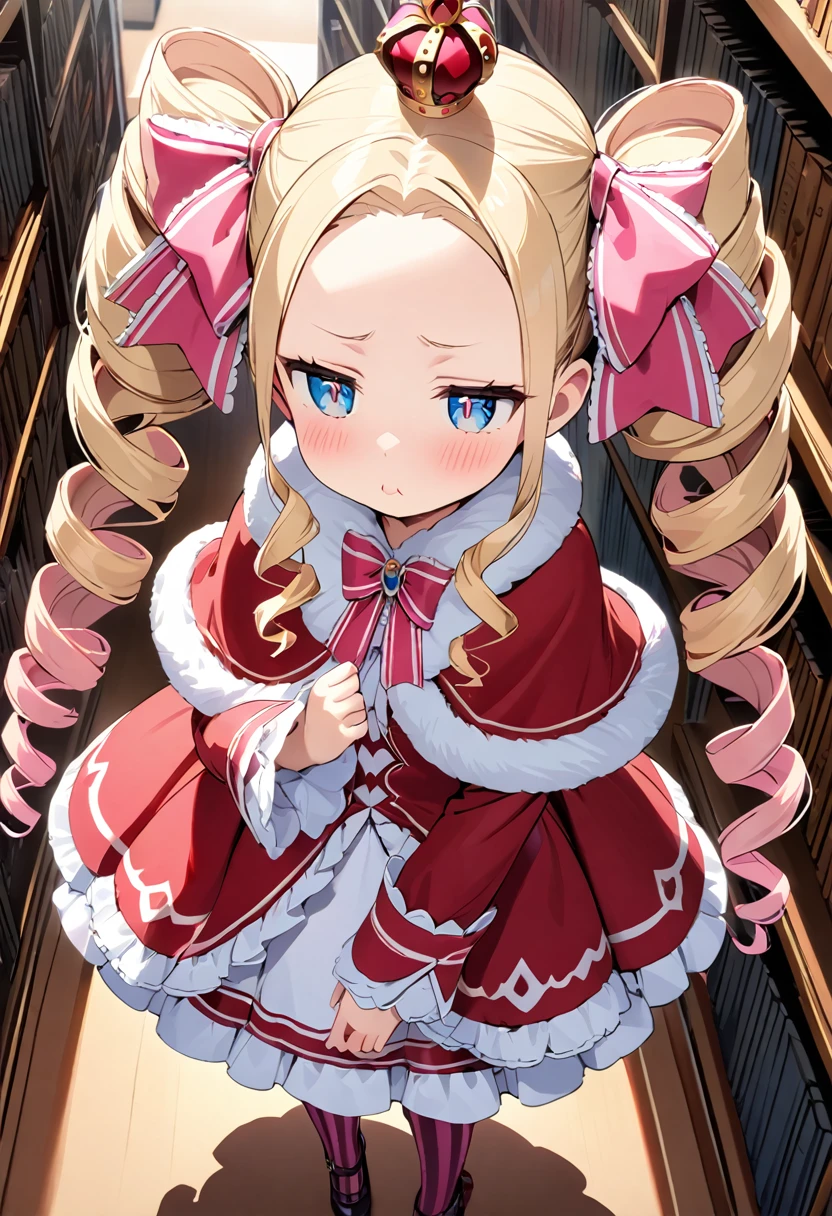 (masterpiece:1.1),(high detail:1.3), Intricate details, One girl,(Beatrice), Blonde,blue eyes, Drill Hair, Long Hair, Parted bangs, (forehead:1.5),((beautiful detail eyes:1.3)),twin drills,Side Lock,Capelet, Crown, dress,frills, Fur trim, fur-trimmed ,long dress, Long sleeve,(mini Crown:1.1), pantyhose, red Capelet, Sleeves are longer than the wrist, Striped, Striped pantyhose,Big Hair,(blush:1.1),(jitome:1.1),confused,((puff out cheeks:1.1)),(library),(looking up:1.1),((Tsundere:1.2))