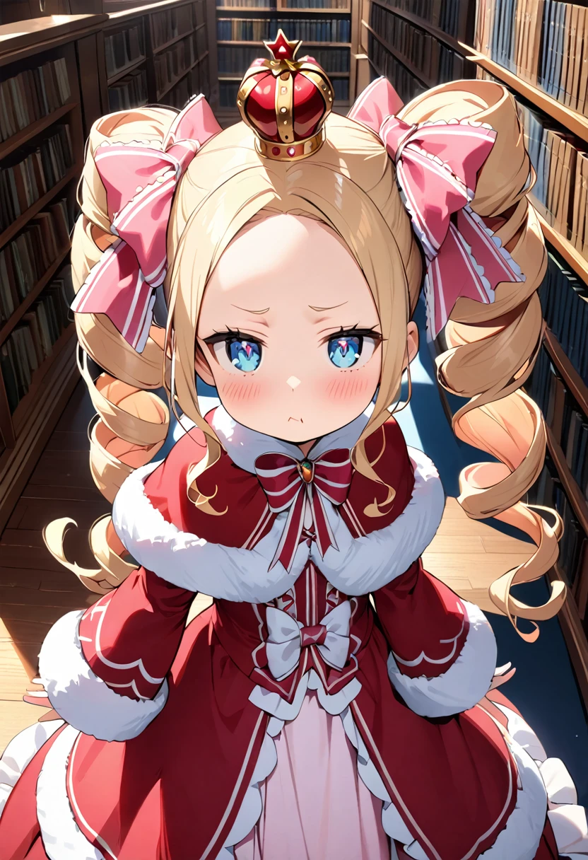 (masterpiece:1.1),(high detail:1.3), Intricate details, One girl,(Beatrice), Blonde,blue eyes, Drill Hair, Long Hair, Parted bangs, (forehead:1.5),((beautiful detail eyes:1.3)),twin drills,Side Lock,Capelet, Crown, dress,frills, Fur trim, fur-trimmed ,long dress, Long sleeve,(mini Crown:1.1), pantyhose, red Capelet, Sleeves are longer than the wrist, Striped, Striped pantyhose,Big Hair,(blush:1.1),(jitome:1.1),confused,((puff out cheeks:1.1)),(library),(looking up:1.1),((Tsundere:1.2))