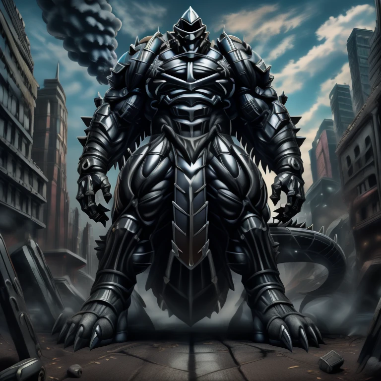 - masterpiece. official art. 8k. best quality. detailed full body. full body.

- dominating demon lord dragon batzz. focus Colossus mechanical Muscular demon lord dragon batzz is trampling the CITY. macro. stomp. Low-angle perspective. emphasizing the immense size. The perspective is from below, emphasizing the sheer majesty and power of the Colossus. Colossus art. He is much bigger than a skyscraper. Giga Colossuss. micro socceeld. looking down.)

- smoke and flames rising from the destruction in the city

- wearing a full-face helmet. helmet is jet black. The color of NANOSUIT is jet black. high-tech bio-mecha armor. real texture material. whole body shines like metal. Wearing cyberpunk mecha. emphasizes the muscles. suit fully made of metal. intricate armor. Robotic suit. suit fully made of metal. NANOSUIT with the same design as demon lord dragon batzz. demon lord dragon batzz has 5 toes.

- Detailed head. Detailed Body. Detailed abs. gigantic muscles. HYPER MUSCLES. Gigachad Muscular. big muscle. pecs. triceps. traps. unusually developed muscular body. body full of huge muscles. showing off muscles. pectorales enormes. Exaggeratedly huge muscles. huge muscles. long legs.

- nj5furry, Spread wings. It has wings. black have big wings. The claws are sharp. Sharp teeth.5 toes. 

- He is laughing defiantly.
- (Silver Samurai, full armor, cyborg, science fiction, combat helmet.)
- Platinum_Dragon_Lord_Armor.