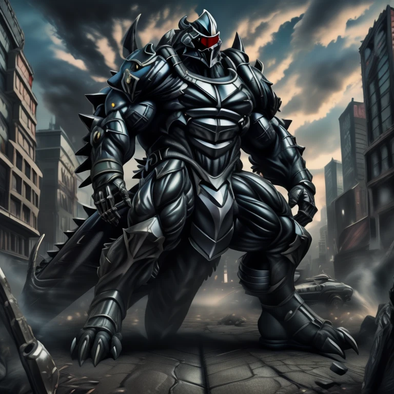 - masterpiece. official art. 8k. best quality. detailed full body. full body.

- dominating demon lord dragon batzz. focus Colossus mechanical Muscular demon lord dragon batzz is trampling the CITY. macro. stomp. Low-angle perspective. emphasizing the immense size. The perspective is from below, emphasizing the sheer majesty and power of the Colossus. Colossus art. He is much bigger than a skyscraper. Giga Colossuss. micro socceeld. looking down.)

- smoke and flames rising from the destruction in the city

- wearing a full-face helmet. helmet is jet black. The color of NANOSUIT is jet black. high-tech bio-mecha armor. real texture material. whole body shines like metal. Wearing cyberpunk mecha. emphasizes the muscles. suit fully made of metal. intricate armor. Robotic suit. suit fully made of metal. NANOSUIT with the same design as demon lord dragon batzz. demon lord dragon batzz has 5 toes.

- Detailed head. Detailed Body. Detailed abs. gigantic muscles. HYPER MUSCLES. Gigachad Muscular. big muscle. pecs. triceps. traps. unusually developed muscular body. body full of huge muscles. showing off muscles. pectorales enormes. Exaggeratedly huge muscles. huge muscles. long legs.

- nj5furry, Spread wings. It has wings. black have big wings. The claws are sharp. Sharp teeth.5 toes. 

- He is laughing defiantly.
- (Silver Samurai, full armor, cyborg, science fiction, combat helmet.)
- Platinum_Dragon_Lord_Armor.