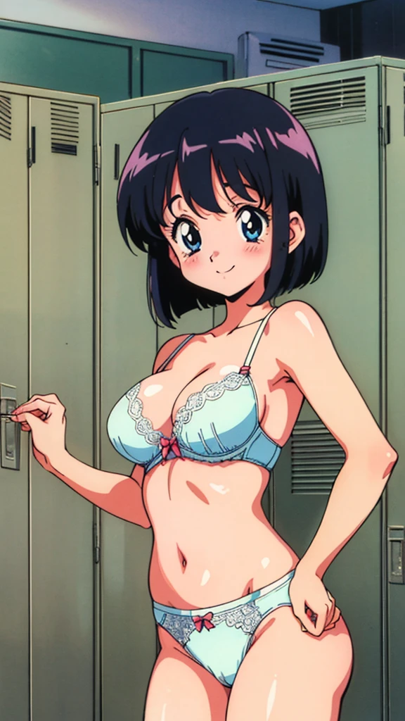 (1990s \(style\),retro artstyle,1990s anime cels style)　Beauty　Tall　Black Hair　Bobcut　smile　blush　Embarrassed　tits　bra　Pure white underwear　pubic hair　locker room