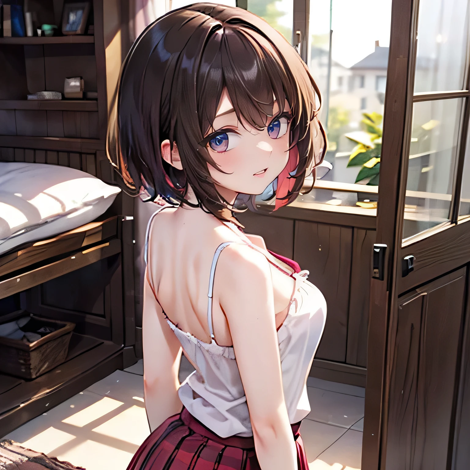 8K, highest quality, masterpiece, super detailed、middle short hair、bright、fine、brown hair、pale blue eyeedium breasts、cover your butt with your hands、lipstick、、whole body、8K, best quality, master piece, ultra-detailed, middle short hair、pale blue eyes、brown hair、medium breasts、sticking out the butt、In underwear、shy、on the bed、backwards、angle from below、perfect hands、detailed hands