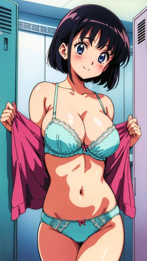 (1990s \(style\),retro artstyle,1990s anime cels style)　Beauty　Tall　Black Hair　Bobcut　smile　blush　Embarrassed　tits　bra　Pure white underwear　pubic hair　locker room