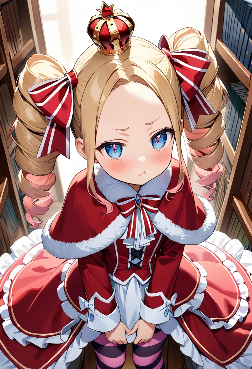 (masterpiece:1.1),(high detail:1.3), Intricate details, One girl,(Beatrice), Blonde,blue eyes, Drill Hair, Long Hair, Parted bangs, (forehead:1.5),((beautiful detail eyes:1.3)),twin drills,Side Lock,Capelet, Crown, dress,frills, Fur trim, fur-trimmed ,long dress, Long sleeve,(mini Crown:1.1), pantyhose, red Capelet, Sleeves are longer than the wrist, Striped, Striped pantyhose,Big Hair,(blush:1.1),(jitome:1.1),confused,((puff out cheeks:1.2)),(library),(looking up:1.1),((Tsundere:1.3))