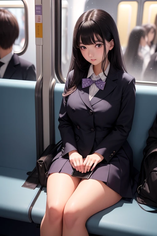 ((debris flies, highest quality, highest quality, 1 female, alone,((short black bangs)), beautiful、Detailed image))、thick thighs))),((thigh gap)),((20-year-old、thin、normal breasts、black eye)),((((in the train、blue sheet、seats parallel to the window)))、((navy blue blazer、navy blue skirt、school uniform、white panties、lift up the skirt))、(((Please sit down、Are crying、Shed a lot of tears、climax、embarrassing、disgust、vibrator in underwear、masturbation)))、Love juice overflows、NSFW、image from the knees up、