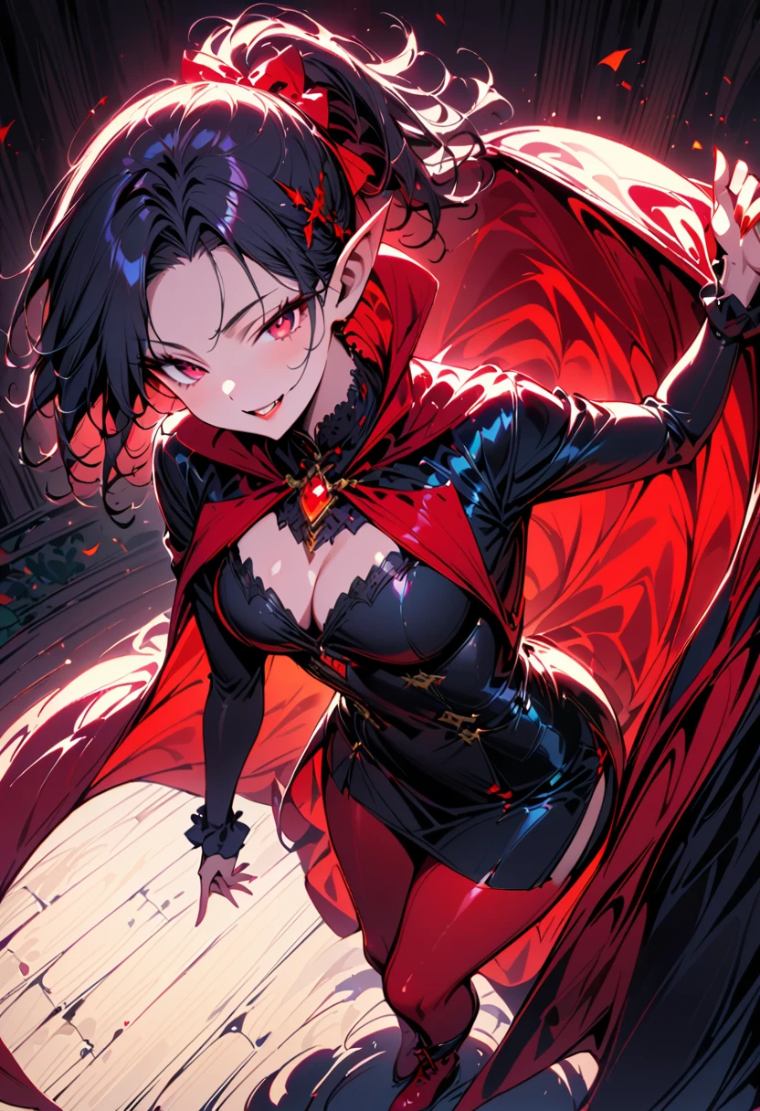 1人の可愛いvampireの少女,(Best Quality,Extremely detailed depiction,Incredible high resolution,Anatomically accurate,High quality anime drawings),(vampire,Black short dress,Elegant appearance,A red ribbon in her hair,Shiny red gemstone brooch,Red Cape,Red high boots),(Black Hair,Short Ponytail,Red eyes,Eyes half closed,A fearless smile:1.3,Pointy Ears,eyelash,Beautiful legs,),Full body image:1.2