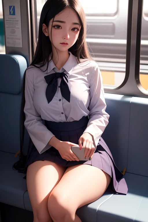 A beautiful young Japanese university student, long straight black hair in hime style, lavender eyes, large bust, wide hips, thick thighs, sitting on train bench, looking at phone, empty night-time metro train carriage interior, intricate detailed face, extremely detailed eyes and face, longeyelashes, school uniform, photorealistic, 8k, ultra-detailed, realistic, vivid colors, dramatic lighting