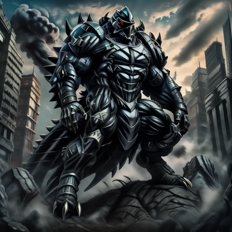 - masterpiece. official art. 8k. best quality. detailed full body. full body.

- dominating demon lord dragon batzz. focus Colossus mechanical Muscular demon lord dragon batzz is trampling the CITY. macro. stomp. Low-angle perspective. emphasizing the immense size. The perspective is from below, emphasizing the sheer majesty and power of the Colossus. Colossus art. He is much bigger than a skyscraper. Giga Colossuss. micro socceeld. looking down.)

- smoke and flames rising from the destruction in the city

- wearing a full-face helmet. helmet is jet black. The color of NANOSUIT is jet black. high-tech bio-mecha armor. real texture material. whole body shines like metal. Wearing cyberpunk mecha. emphasizes the muscles. suit fully made of metal. intricate armor. Robotic suit. suit fully made of metal. NANOSUIT with the same design as demon lord dragon batzz. demon lord dragon batzz has 5 toes.

- Detailed head. Detailed Body. Detailed abs. gigantic muscles. HYPER MUSCLES. Gigachad Muscular. big muscle. pecs. triceps. traps. unusually developed muscular body. body full of huge muscles. showing off muscles. pectorales enormes. Exaggeratedly huge muscles. huge muscles. long legs.

- nj5furry, Spread wings. It has wings. black have big wings. The claws are sharp. Sharp teeth.5 toes. 

- He is laughing defiantly.
- (Silver Samurai, full armor, cyborg, science fiction, combat helmet.)
- Platinum_Dragon_Lord_Armor.