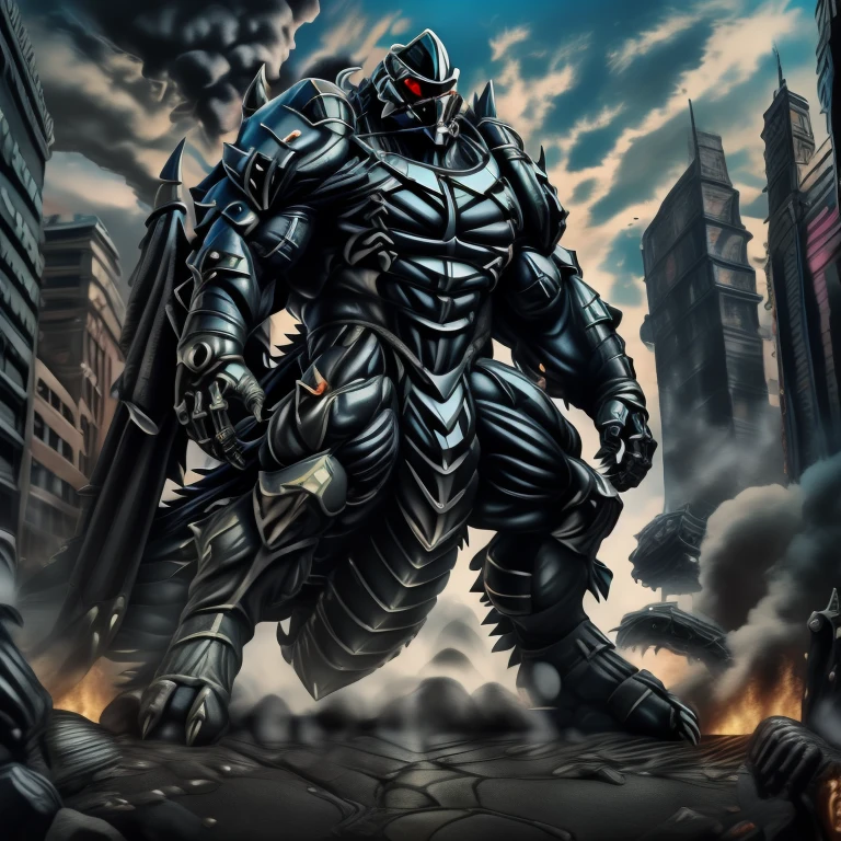 - masterpiece. official art. 8k. best quality. detailed full body. full body.

- dominating demon lord dragon batzz. focus Colossus mechanical Muscular demon lord dragon batzz is trampling the CITY. macro. stomp. Low-angle perspective. emphasizing the immense size. The perspective is from below, emphasizing the sheer majesty and power of the Colossus. Colossus art. He is much bigger than a skyscraper. Giga Colossuss. micro socceeld. looking down.)

- smoke and flames rising from the destruction in the city

- wearing a full-face helmet. helmet is jet black. The color of NANOSUIT is jet black. high-tech bio-mecha armor. real texture material. whole body shines like metal. Wearing cyberpunk mecha. emphasizes the muscles. suit fully made of metal. intricate armor. Robotic suit. suit fully made of metal. NANOSUIT with the same design as demon lord dragon batzz. demon lord dragon batzz has 5 toes.

- Detailed head. Detailed Body. Detailed abs. gigantic muscles. HYPER MUSCLES. Gigachad Muscular. big muscle. pecs. triceps. traps. unusually developed muscular body. body full of huge muscles. showing off muscles. pectorales enormes. Exaggeratedly huge muscles. huge muscles. long legs.

- nj5furry, Spread wings. It has wings. black have big wings. The claws are sharp. Sharp teeth.5 toes. 

- He is laughing defiantly.
- (Silver Samurai, full armor, cyborg, science fiction, combat helmet.)
- Platinum_Dragon_Lord_Armor.