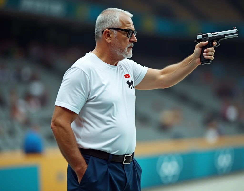“Vector t-shirt design in manga style featuring a middle-aged man, approximately 50 years old, with gray hair, in a target shooting pose. He is wielding an ‘Air Pistol 10 meters’ in his right hand, extending his arm with focus and precision. The man is wearing a white jersey with a casual design, featuring the Olympic Games logo and a Turkey flag. He is also wearing prescription glasses. The image captures him in a mid-shot, emphasizing his determined expression and posture. The design should be in an anime art style, with enhanced details to bring out the intricacies of his pose, attire, and the overall scene, creating a dynamic and visually engaging t-shirt design.”