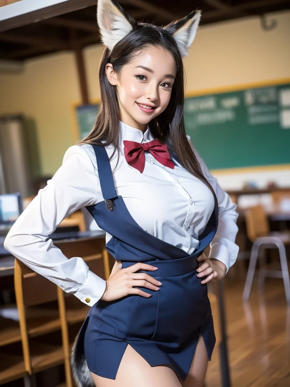 SFW, photorealistic, professional photo, Danielle Panabaker aged 19, medium cowboy shot, very long hair, extremely tall, slim, formal business attire, tucked in blouse, slacks, classroom, chalkboard, (huge tits:1.2), (top heavy:1.2), (oppai proportion:1.2)