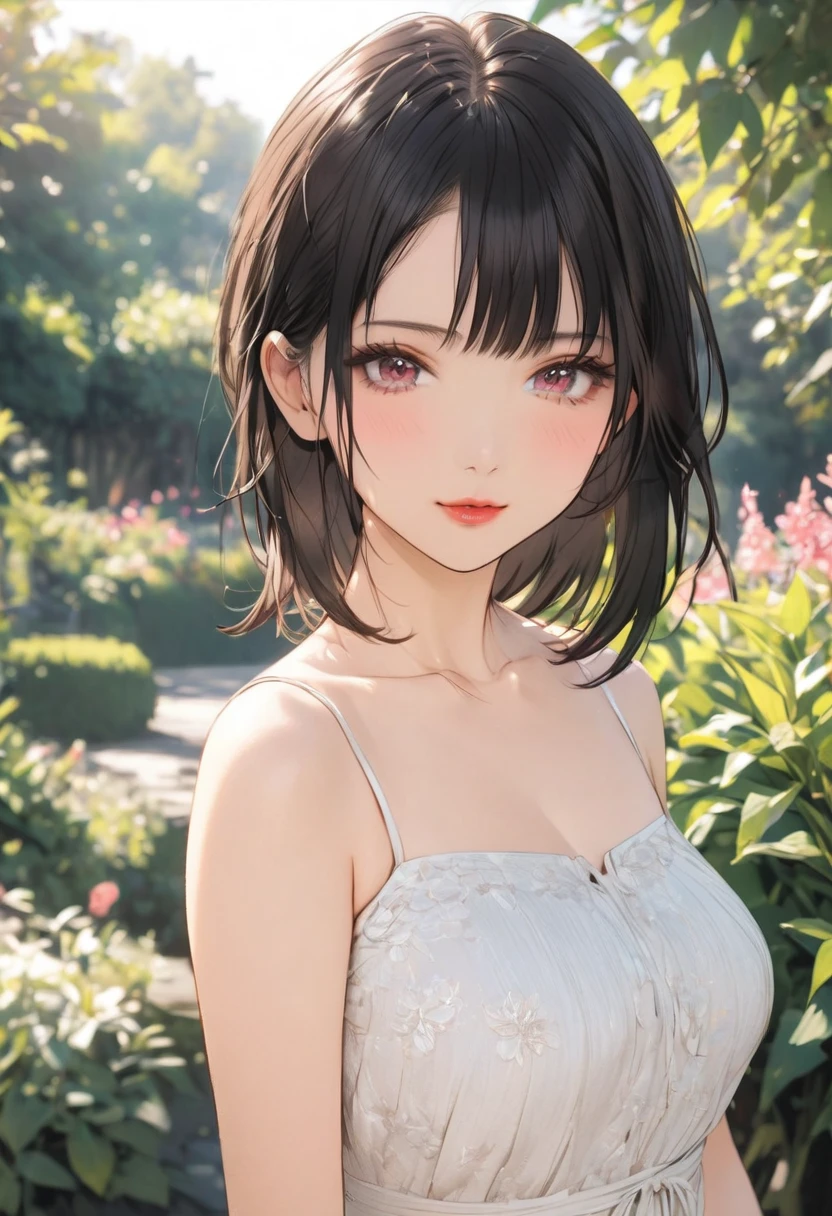 a beautiful girl wearing a midi dress, sneakers, detailed eyes, detailed lips, long eyelashes, looking at the camera, posing in a garden, natural lighting, soft colors, highly detailed,  8k, cinematic, elegant, stylish , comic