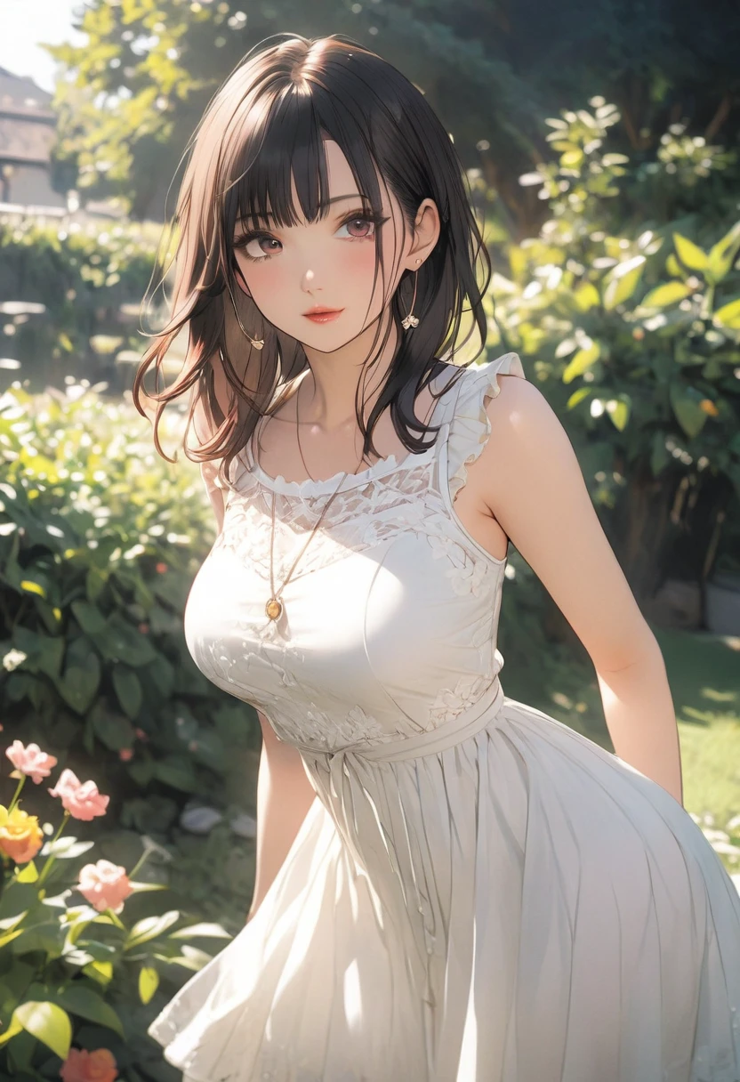 a beautiful girl wearing a midi dress, sneakers, detailed eyes, detailed lips, long eyelashes, looking at the camera, posing in a garden, natural lighting, soft colors, highly detailed,  8k, cinematic, elegant, stylish , comic