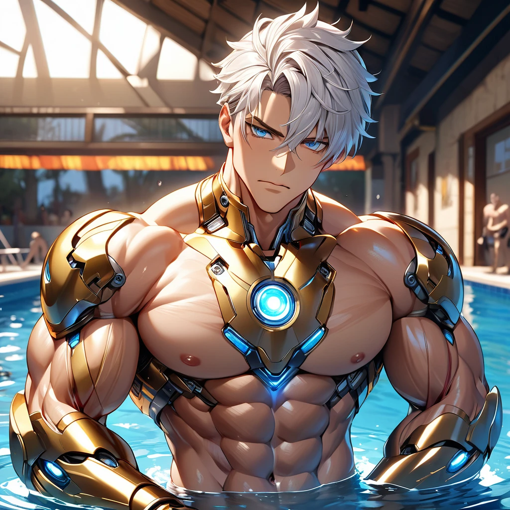 On the edge of the pool, a naked male, a ruffian, a high school student, licking his lips, lewd smiles, haughty expressions, contempt, swimming briefs, spitting white liquid out of his mouth, holding his crotch with one hand, seducing, solo