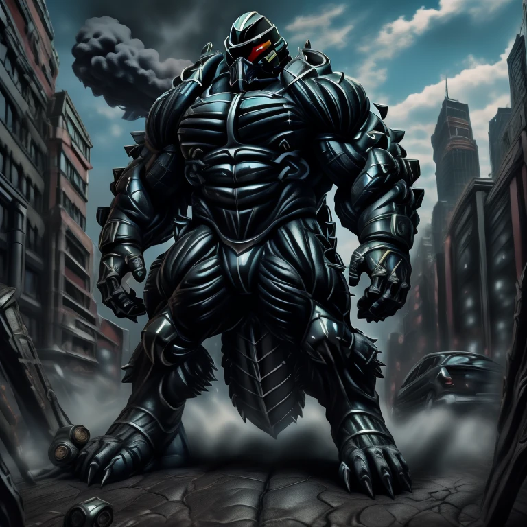 - masterpiece. official art. 8k. best quality. detailed full body. full body.

- dominating demon lord dragon batzz. focus Colossus mechanical Muscular demon lord dragon batzz is trampling the CITY. macro. stomp. Low-angle perspective. emphasizing the immense size. The perspective is from below, emphasizing the sheer majesty and power of the Colossus. Colossus art. He is much bigger than a skyscraper. Giga Colossuss. micro socceeld. looking down.)

- smoke and flames rising from the destruction in the city

- wearing a full-face helmet. helmet is jet black. The color of NANOSUIT is jet black. high-tech bio-mecha armor. real texture material. whole body shines like metal. Wearing cyberpunk mecha. emphasizes the muscles. suit fully made of metal. intricate armor. Robotic suit. suit fully made of metal. NANOSUIT with the same design as demon lord dragon batzz. demon lord dragon batzz has 5 toes.

- Detailed head. Detailed Body. Detailed abs. gigantic muscles. HYPER MUSCLES. Gigachad Muscular. big muscle. pecs. triceps. traps. unusually developed muscular body. body full of huge muscles. showing off muscles. pectorales enormes. Exaggeratedly huge muscles. huge muscles. long legs.

- nj5furry, Spread wings. It has wings. black have big wings. The claws are sharp. Sharp teeth.5 toes. 

- He is laughing defiantly.
- (Silver Samurai, full armor, cyborg, science fiction, combat helmet.)
- Platinum_Dragon_Lord_Armor.