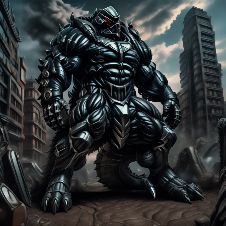 - masterpiece. official art. 8k. best quality. detailed full body. full body.

- dominating demon lord dragon batzz. focus Colossus mechanical Muscular demon lord dragon batzz is trampling the CITY. macro. stomp. Low-angle perspective. emphasizing the immense size. The perspective is from below, emphasizing the sheer majesty and power of the Colossus. Colossus art. He is much bigger than a skyscraper. Giga Colossuss. micro socceeld. looking down.)

- smoke and flames rising from the destruction in the city

- wearing a full-face helmet. helmet is jet black. The color of NANOSUIT is jet black. high-tech bio-mecha armor. real texture material. whole body shines like metal. Wearing cyberpunk mecha. emphasizes the muscles. suit fully made of metal. intricate armor. Robotic suit. suit fully made of metal. NANOSUIT with the same design as demon lord dragon batzz. demon lord dragon batzz has 5 toes.

- Detailed head. Detailed Body. Detailed abs. gigantic muscles. HYPER MUSCLES. Gigachad Muscular. big muscle. pecs. triceps. traps. unusually developed muscular body. body full of huge muscles. showing off muscles. pectorales enormes. Exaggeratedly huge muscles. huge muscles. long legs.

- nj5furry, Spread wings. It has wings. black have big wings. The claws are sharp. Sharp teeth.5 toes. 

- He is laughing defiantly.
- (Silver Samurai, full armor, cyborg, science fiction, combat helmet.)
- Platinum_Dragon_Lord_Armor.