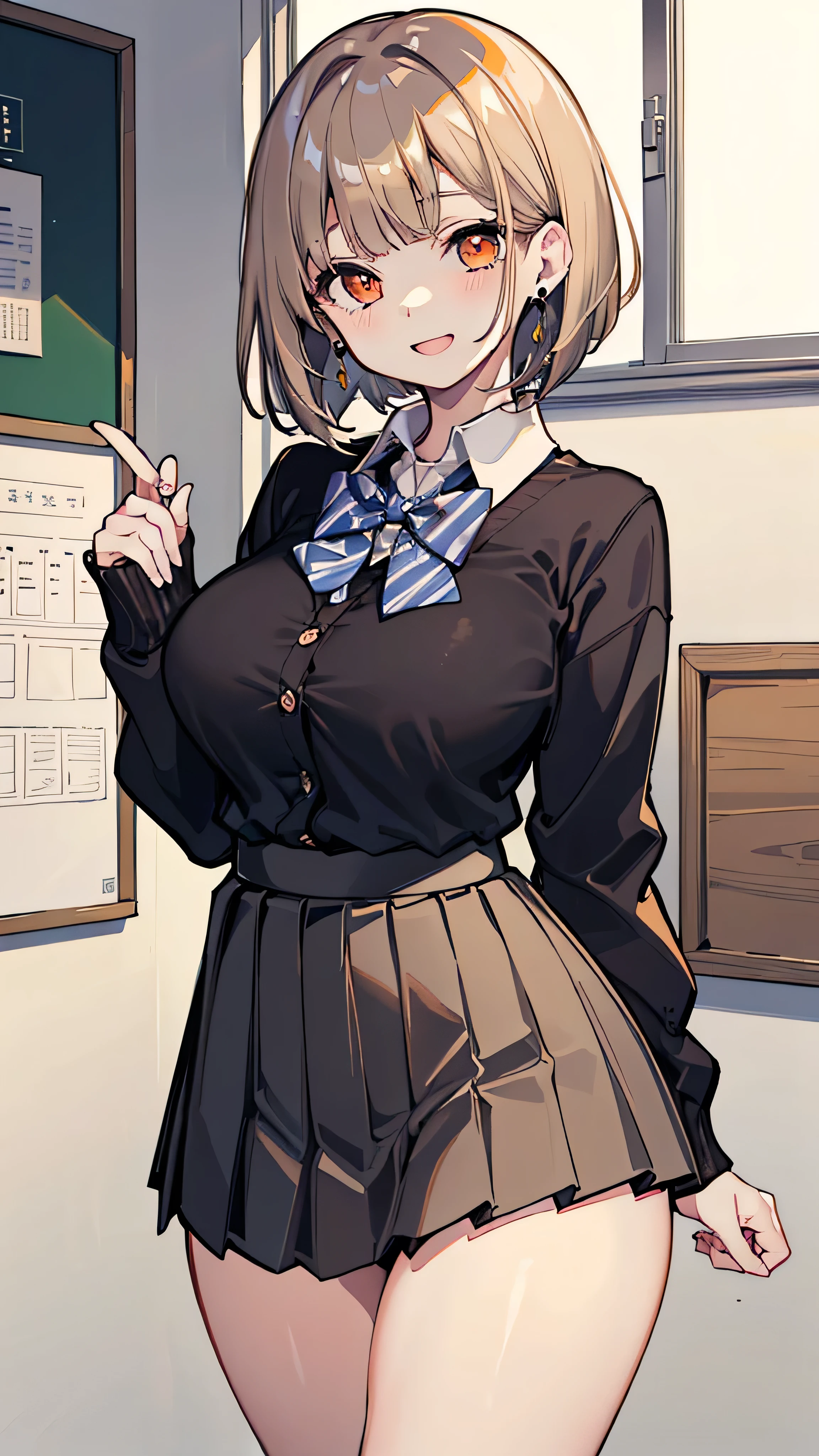 (masterpiece、Please redeem、Very detailed))、One Girl、Improve、Brown gradient hair、Long bob cut、Pale orange eyes、Wicked Smile、((Open your mouth))、((Lots of earrings))、((Large Breasts))、((White collar shirt))、、Bow tie、((Black pleated skirt))、((mini skirt))、Cardigan at waist、((Thick waist))、Thighs、Cowboy Shot、Classroom Background