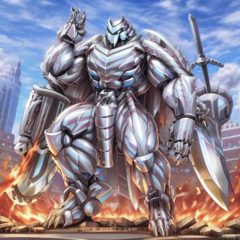 (masterpiece. official art. 8k. best quality. detailed full body. full body.)

(situation 1 : dominating Silver Samurai. Silver Samurai is over 1000 meters long. focus GIANT mechanical Muscular Silver Samurai is trampling the city. Looking down. macro. stomp. Low-angle perspective. emphasizing the immense size.)

(situation 2 :smoke and flames rising from the destruction in the city)

(Additional details 1: wearing a full-face helmet. high-tech bio-mecha armor. real texture material. whole body shines like metal. Wearing cyberpunk mecha. emphasizes the muscles. suit fully made of metal. intricate armor. Robotic suit. suit fully made of metal. cyborg. Powered exoskeleton with the same design as Silver Samurai).

(Additional details 2: (Detailed head. Detailed Body. Detailed abs. gigantic muscles. HYPER MUSCLES. Gigachad Muscular. big muscle. pecs. triceps. traps. unusually developed muscular body. body full of huge muscles. showing off muscles. pectorales enormes. Exaggeratedly huge muscles. huge muscles. long legs.).

(Additional details 3: NJfurry. silver samurai wears a long silver cloak.The claws are sharp. 5 toes.).

(Additional details 5: melee weapon, weapon, armor, plate armor, sword, floating weapon, anthro, knight, clothing, helmet, detailed background, white fur, claws,)

(Silver Samurai, full armor, cyborg, science fiction, combat helmet)
(robot, mecha, holding, holding armor, holding weapon,)