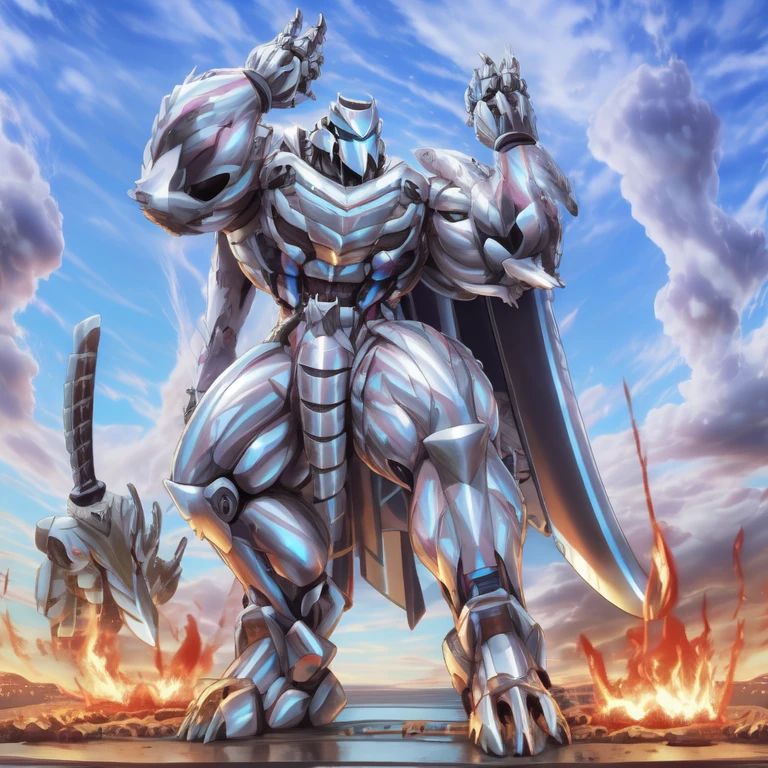 (masterpiece. official art. 8k. best quality. detailed full body. full body.)

(situation 1 : dominating Silver Samurai. Silver Samurai is over 1000 meters long. focus GIANT mechanical Muscular Silver Samurai is trampling the city. Looking down. macro. stomp. Low-angle perspective. emphasizing the immense size.)

(situation 2 :smoke and flames rising from the destruction in the city)

(Additional details 1: wearing a full-face helmet. high-tech bio-mecha armor. real texture material. whole body shines like metal. Wearing cyberpunk mecha. emphasizes the muscles. suit fully made of metal. intricate armor. Robotic suit. suit fully made of metal. cyborg. Powered exoskeleton with the same design as Silver Samurai).

(Additional details 2: (Detailed head. Detailed Body. Detailed abs. gigantic muscles. HYPER MUSCLES. Gigachad Muscular. big muscle. pecs. triceps. traps. unusually developed muscular body. body full of huge muscles. showing off muscles. pectorales enormes. Exaggeratedly huge muscles. huge muscles. long legs.).

(Additional details 3: NJfurry. silver samurai wears a long silver cloak.The claws are sharp. 5 toes.).

(Additional details 5: melee weapon, weapon, armor, plate armor, sword, floating weapon, anthro, knight, clothing, helmet, detailed background, white fur, claws,)

(Silver Samurai, full armor, cyborg, science fiction, combat helmet)
(robot, mecha, holding, holding armor, holding weapon,)