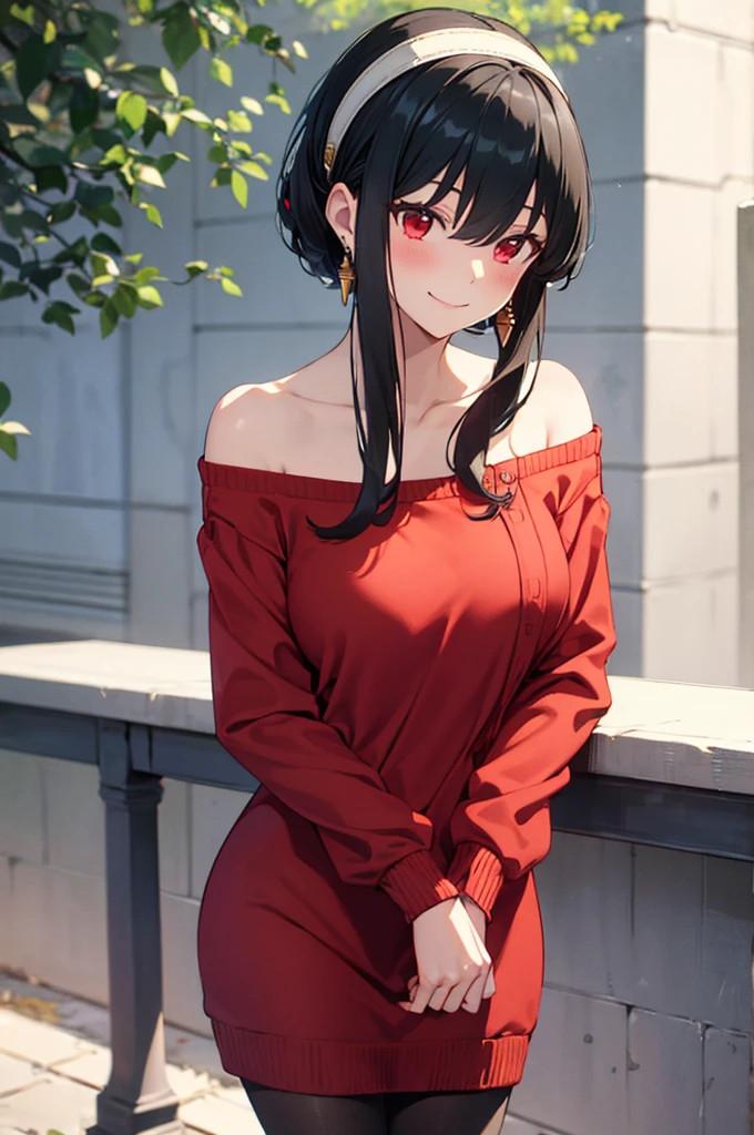 masterpiece, yor, 1girl, solo, looking at viewer, open mouth, black hair, red eyes, dress, bare shoulders, jewelry, collarbone, sidelocks, hairband, earrings, indoors, off shoulder, :o, sweater, arms behind back, plant, short hair with long locks, white hairband, off-shoulder dress, sweater dress, off-shoulder sweater, red sweater, big side hair, very long side hair,is rendered in (masterpiece: 1.2, best quality), with (ultra high resolution) and an exquisite (depth of field). This masterpiece is not only visually stunning but also tells

