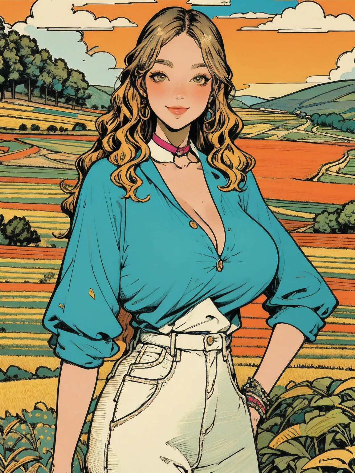 Detailed Background, Beautiful landscape painting, (sunflower:0.5), (masterpiece, Best Quality), Vibrant colors, colorful, Amazing details, Anatomically correct, (perfect anatomy:1.2), Flat Shading, (Long Wavy Hair), (40YO), Perfect Style, huge breasts, 1 woman, solo, sun, gentle smile, ((Rural Scenery of provence)), jppop art style, Line Art, Flat Colors