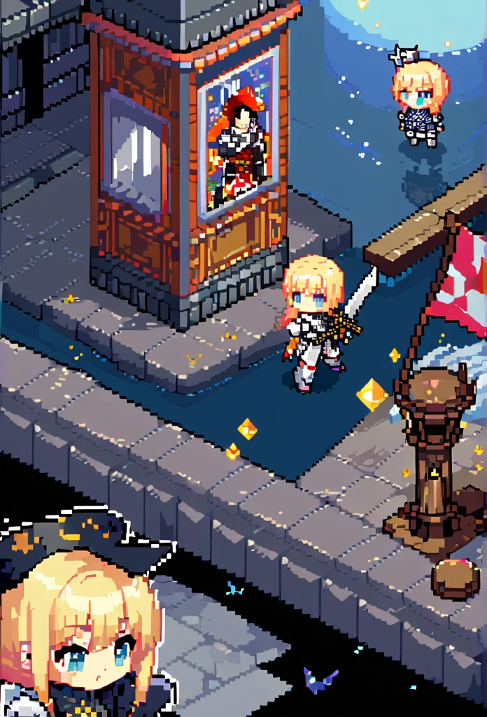 Pixel Art,Transformed Character,Chibi, Isometric view, Beneath a medieval pier lighthouse blazing at night, white knight\(Long blonde hair, With a sword\) And the Dark Night\(Black Hair,With a sword\) Fighting, Many civilian s, Screenshots of the game