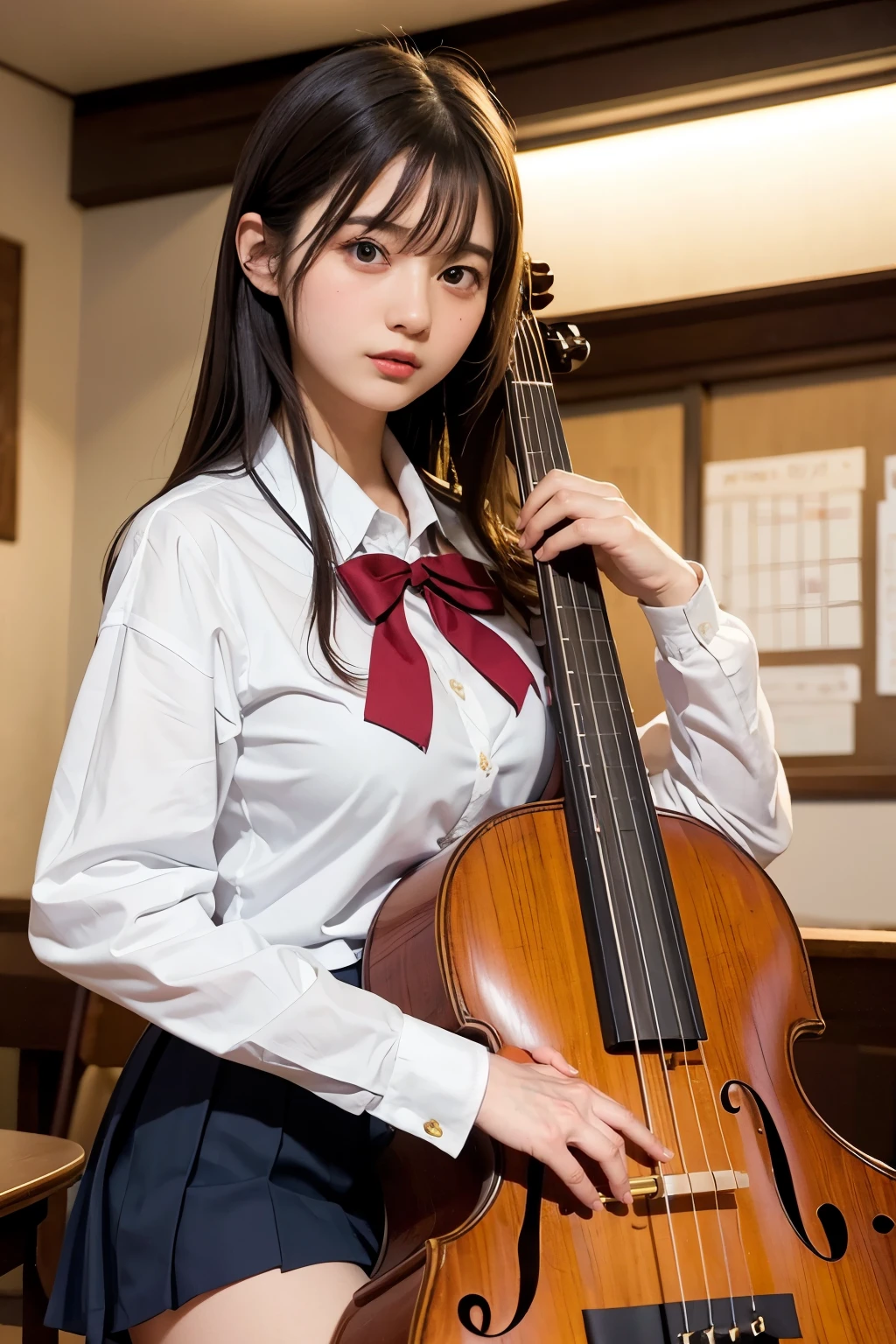 high school student in uniform, knitting, playing the violin, middle schooler, 16 years old, short cut, big breasts,