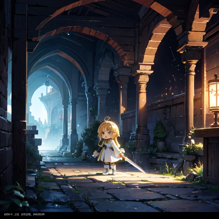 Pixel Art,Transformed Character,Chibi, Isometric view, Beneath a medieval pier lighthouse blazing at night, white knight\(Long blonde hair, With a sword\) And the Dark Night\(Black Hair,With a sword\) Fighting, Many civilian s, Screenshots of the game