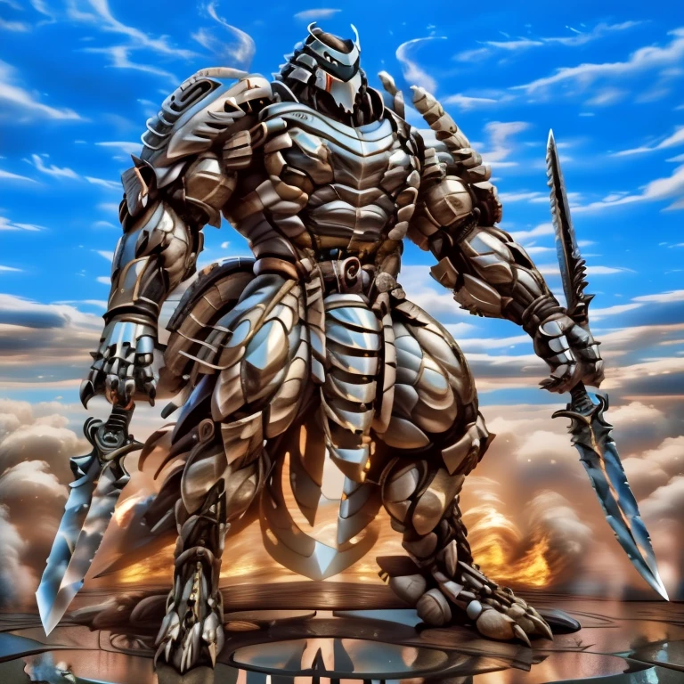 (masterpiece. official art. 8k. best quality. detailed full body. full body.)

(situation 1 : dominating Silver Samurai. Silver Samurai is over 1000 meters long. focus GIANT mechanical Muscular Silver Samurai is trampling the city. Looking down. macro. stomp. Low-angle perspective. emphasizing the immense size.)

(situation 2 :smoke and flames rising from the destruction in the city)

(Additional details 1: wearing a full-face helmet. high-tech bio-mecha armor. real texture material. whole body shines like metal. Wearing cyberpunk mecha. emphasizes the muscles. suit fully made of metal. intricate armor. Robotic suit. suit fully made of metal. cyborg. Powered exoskeleton with the same design as Silver Samurai).

(Additional details 2: (Detailed head. Detailed Body. Detailed abs. gigantic muscles. HYPER MUSCLES. Gigachad Muscular. big muscle. pecs. triceps. traps. unusually developed muscular body. body full of huge muscles. showing off muscles. pectorales enormes. Exaggeratedly huge muscles. huge muscles. long legs.).

(Additional details 3: NJfurry. silver samurai wears a long silver cloak.The claws are sharp. 5 toes.).

(Additional details 5: melee weapon, weapon, armor, plate armor, sword, floating weapon, anthro, knight, clothing, helmet, detailed background, white fur, claws,)

(Silver Samurai, full armor, cyborg, science fiction, combat helmet)
(robot, mecha, holding, holding armor, holding weapon,)