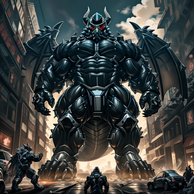 (masterpiece. official art. 8k. best quality. detailed full body. full body.)
(situation 1 : dominating demon lord dragon batzz. focus Colossus mechanical Muscular demon lord dragon batzz is trampling the CITY. macro. stomp. Low-angle perspective. emphasizing the immense size. The perspective is from below, emphasizing the sheer majesty and power of the Colossus. Colossus art. He is much bigger than a skyscraper. Giga Colossuss. micro soccer field. looking down.)

(situation 2 :smoke and flames rising from the destruction in the city)

(Additional details 1: wearing a full-face helmet. helmet is jet black. The color of NANOSUIT is jet black. high-tech bio-mecha armor. real texture material. whole body shines like metal. Wearing cyberpunk mecha. emphasizes the muscles. suit fully made of metal. intricate armor. Robotic suit. suit fully made of metal. NANOSUIT with the same design as demon lord dragon batzz.). (demon lord dragon batzz has 5 toes.)

(Additional details 2: (Detailed head. Detailed Body. Detailed abs. gigantic muscles. HYPER MUSCLES. Gigachad Muscular. big muscle. pecs. triceps. traps. unusually developed muscular body. body full of huge muscles. showing off muscles. pectorales enormes. Exaggeratedly huge muscles. huge muscles. long legs.).

(Additional details 3: nj5furry, Spread wings. It has wings. black have big wings. The claws are sharp. Sharp teeth.5 toes.). 