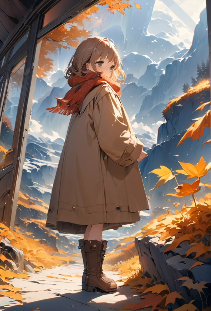 One girl\(Long brown hair, cute, Autumn outfit, scarf, Coat, boots, Picking leaves\(Shining golden in the sunlight),whole body\\), Simple Background, break ,quality\(masterpiece, best quality,8k,非常に精細なCGユニットのwallpaper, High resolution, top-quality, top-quality real texture skin, Surreal, Increase the resolution, RAW Photos, best quality, Advanced Details, wallpaper,Golden Ratio,High Saturation Realism, Vibrant colors, Dramatic lighting, Compelling Storytelling, Atmospheric landscape, Captivating visuals, Intricate details, Strong emotions,A dreamlike world\),from side