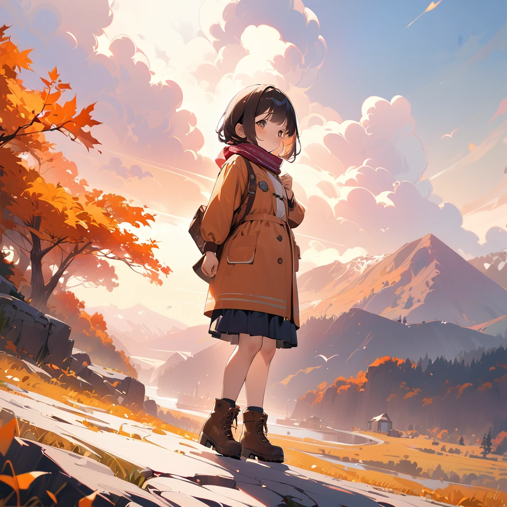 One girl\(Long brown hair, cute, Autumn outfit, scarf, Coat, boots, Picking leaves\(Shining golden in the sunlight),whole body\\), Simple Background, break ,quality\(masterpiece, best quality,8k,非常に精細なCGユニットのwallpaper, High resolution, top-quality, top-quality real texture skin, Surreal, Increase the resolution, RAW Photos, best quality, Advanced Details, wallpaper,Golden Ratio,High Saturation Realism, Vibrant colors, Dramatic lighting, Compelling Storytelling, Atmospheric landscape, Captivating visuals, Intricate details, Strong emotions,A dreamlike world\),from side