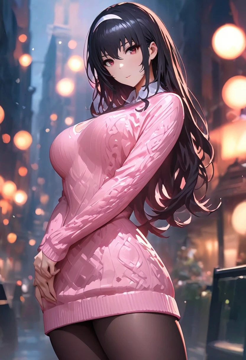 (breathtaking mature beauty,intellectual and elegant,luminous pink sweater,black hair,(best quality,masterpiece:1.2),full-length shot,perfect figure，ultra-clear,exquisite facial features,ultra-detailed,bokeh)，impasto style