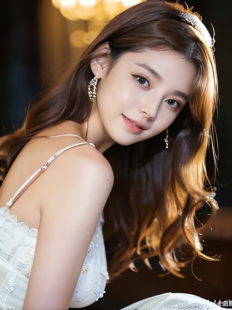 In this delicate and finely detailed masterpiece, a beautiful 8-year-old is portrayed. She has long curly blonde hair that cascades down her back like angel wings and small breasts. Adorned with intricate jewelry, including a necklace with a dazzling diamond pendant, a bracelet, earrings, and a choker, the girl exudes elegance.
Her white thighs peek out from beneath her dress, adding a hint of innocence to her provocative and sexy pose. The girl gazes directly at the viewer with a seductive yet innocent smile, captivating their attention. The front view of her mesmerizing face, with its detailed lips and intricate details, is truly enchanting