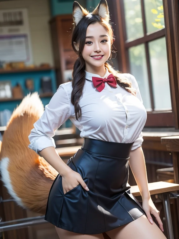 ((Highest quality, 8k)), ((masterpiece)), (Highest Resolution), Perfect Face, Fox Woman, Female college student, Beautiful woman, Outdoor, One tail, she has thick thighs, Her large tail, She has a yellow fox tail., She wags her tail, Smiling with teeth showing, Fur collar, She is wearing a short skirt, Big Breasts, Beautiful Hips , A fox tail sticks out from the skirt.
