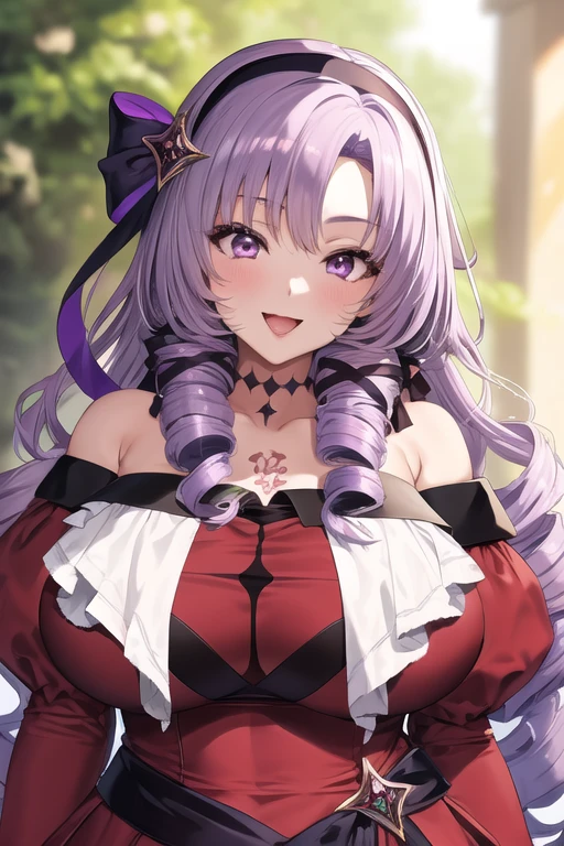 ultra-detailed,
master piece,best quality,high resolution,
beautiful eyes,detailed eyes,detailed face,
beautiful detailed eyes,symmetrical clear eyes,
1girl,
hmsalome, Drill Hair, Parted bangs, Purple Eyes, black hairband, 
ribbon from, Large breasts, The tattoo, Red dress, Long sleeves, Bare shoulders, Black Gloves,
ojou-sama pose, Laughing,Naughty face,huge breasts,wide hip,stocky