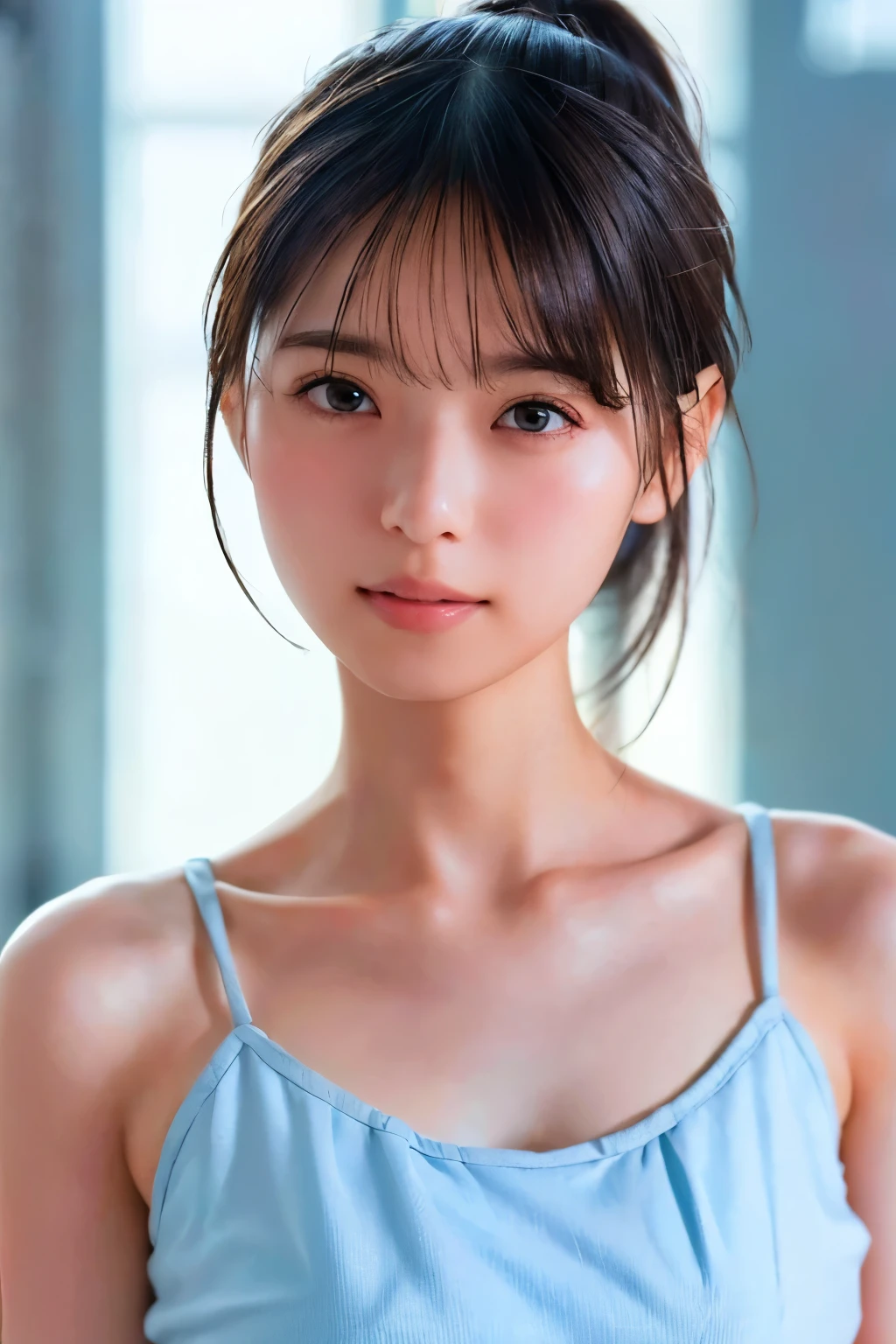 photo realistic, photo realistic, photo realistic, raw photo, 8K photo, master piece, best quality, ultra high res, (photorealistic:1.4), woman, 20 years old, bangs, blurry background, breasts, ponytail, grey eyes, flat chest, look at us, smile,(natural skin texture, detailed skin, detailed soft eyes, detailed hair, detailed cute lips, hyperrealism, ultra sharpness, intricate details)
