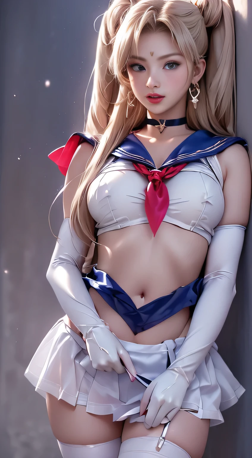 Masterpiece, Full: 1.3, Standing, 8k, 3D, Realistic, Ultra Microphotography, Top Quality, Extreme Details CG Unity 8k Wallpapers, From below, Intricate Details, (NSFW:1.2), (1 Female), 28 Years Old, (Beautiful Girl,Sailor Moon,Tiera, Sailor Warrior Uniform Sailor: 1.2, Sailor Moon: 1.2), Amazingly Long Light Twin Tail Blonde, Thin and very long straight twin tail blonde, Hair Bun, Round Red Hair Bun, Sailor Warrior Uniform, Big Breasts, (Silver Blue Collar, Blue Sailor Collar, Silver Blue Pregate Super Mini Skirt: 1.3, Panties Visible, Super High Leg Swimsuit, Big Red Ribbon on Chest: 1.3, Long White Latex Gloves: 1.3, Red Gloves on Elbows, Very Big Red Ribbon on Back of Waist: 1.1, Large Cleavage Visible: 1.2, Gold tiara, earrings), (Facial details:1.5, Bright blue eyes, Beautiful face, Beautiful eyes, Sparkling eyes, Thin lips:1.5, Thin and sharp pale eyebrows, Long dark eyelashes, Double eyelashes), Luxurious Golden Jewelry, Thin, Thin and muscular,,, Small face, Perfect proportions, Thin waist, Sexy model pose, Visible pores, Captivating smile, Perfect hands:1.5, Very thin fitting high gloss silver white holographic leather, Octane rendering, Very dramatic painting, Strong natural light, Sunlight, Delicate lighting and shadows, Dynamic angles, DSLR, Sharp focus: 1.0, Maximum clarity and sharpness, (Space background, Moon, Dynamic background, Detailed background), (Rabbit, Double bun, Twin tails, Parted bangs, Circlet, Jewelry, Earrings, Choker, red ribbon, white gloves, elbow grooves, blue skirt ), NSFW,