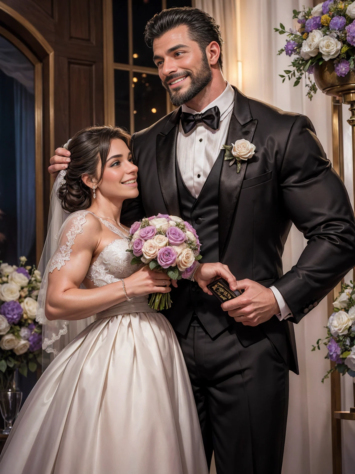 (Muscular:1.5), one male, one female, bokeh , (two piece wedding dress), fully body view, split dress, abs, church, pews, detailed eyes, (athletic body:1.0), (muscular body:1.4), (looking at viewer) (Bulky:1.1), (smiling:1.4), dark studio, rim lighting, two tone lighting, dimly lit, low key (DETAILED SKIN), (groom), (skinny groom), walking down the aisle, (holding hands)