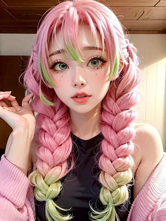 Pink Bikini, One Girl, Black Shirt, View your audience, Open jacket, alone, With their own hands, (masterpiece:1.4), (Highest quality:1.4), Realistic, One Girl, Front view, strict, mitsuri(Demon slayer), bangs, ,Green Hair, Gradient Hair,  Multicolored Hair, White Background, Green Eyes, Twin Blade,  Pink Hair, 