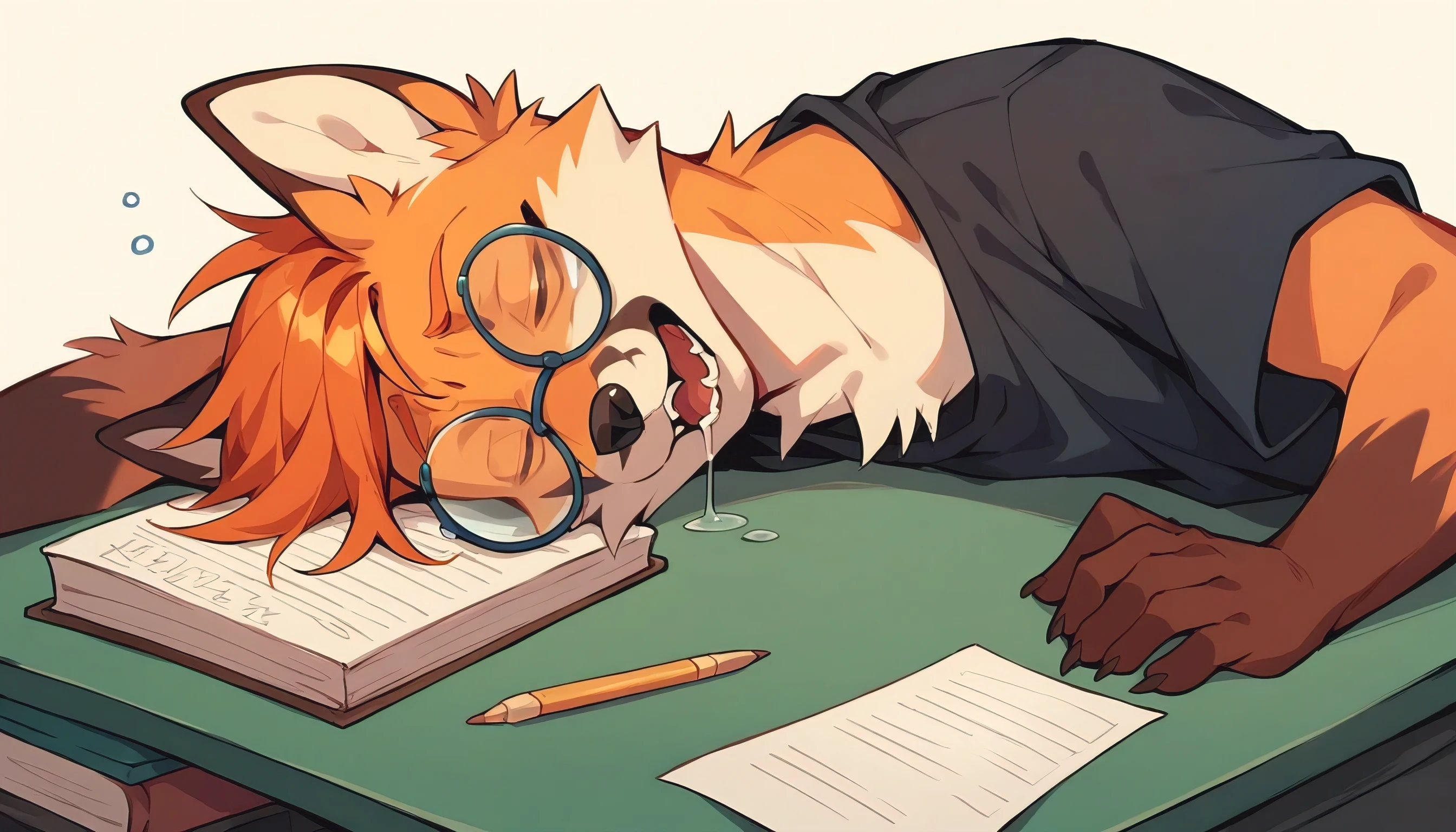((best quality)) ((masterpiece)), portrait, funny, solo male ((ginger fox)), with glasses, kawaii, sleeping on a desk,
tired, open mouth with drool, black shirt, 8K,
