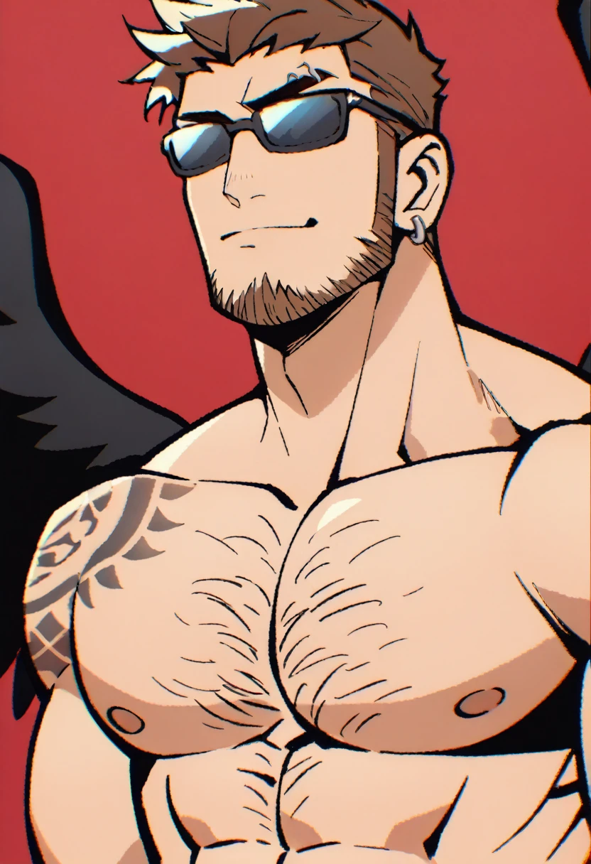 a bearded tattooed muscle cowboy with angel black wings posing naked, nsfw, muscular man, perfect anatomy, balanced anatomy, hairy, big chest, bdsm costume, black cowboy hat, sunglasses, big penis, handsome, lewd expression, muscular, short haircut, bearded, brown hair, piercings, angel black wings, red background, high resolution, high quality, masterpiece.